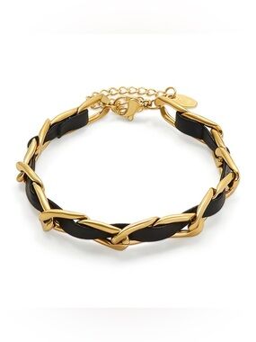 18K Gold Plated Chain Bracelet with Black Leather Inlay